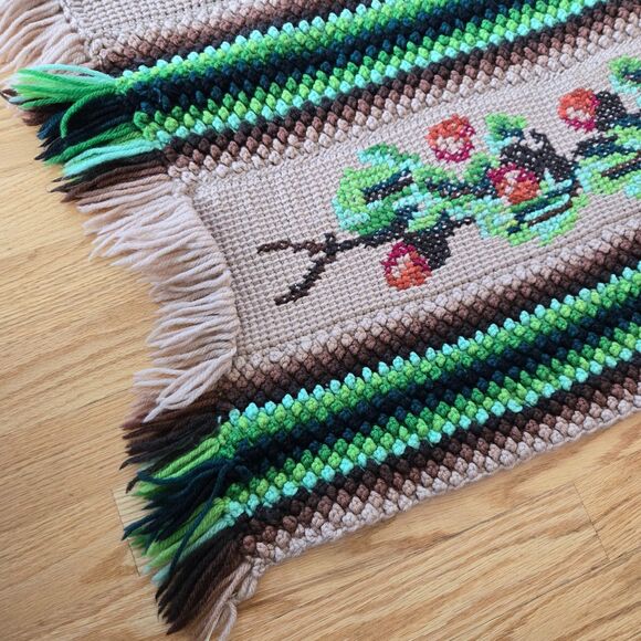 Vtg Embroidered look Crochet Afghan Blanket Throw Hippie Boho Warm Brown READ - Picture 7 of 11